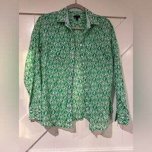 Talbots Green and White Geometric Button-Down Blouse
